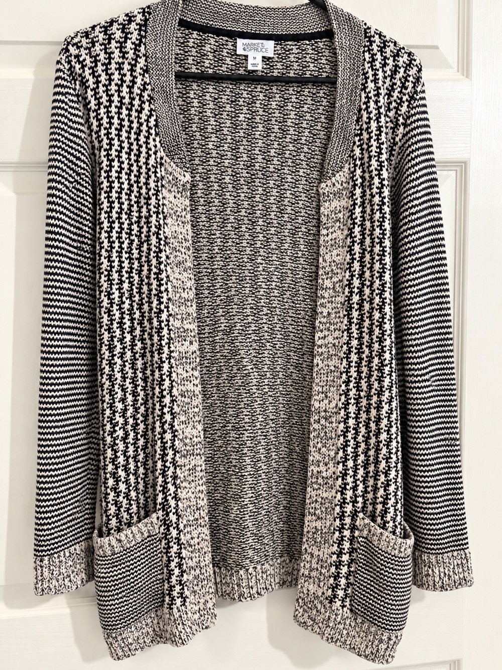 Market & Spruce Marled Knit Cardigan XL Open Front Black Cream